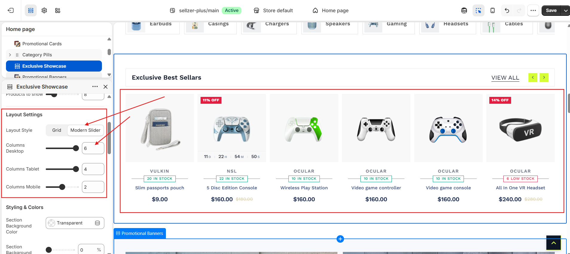 Column Settings in Customizer